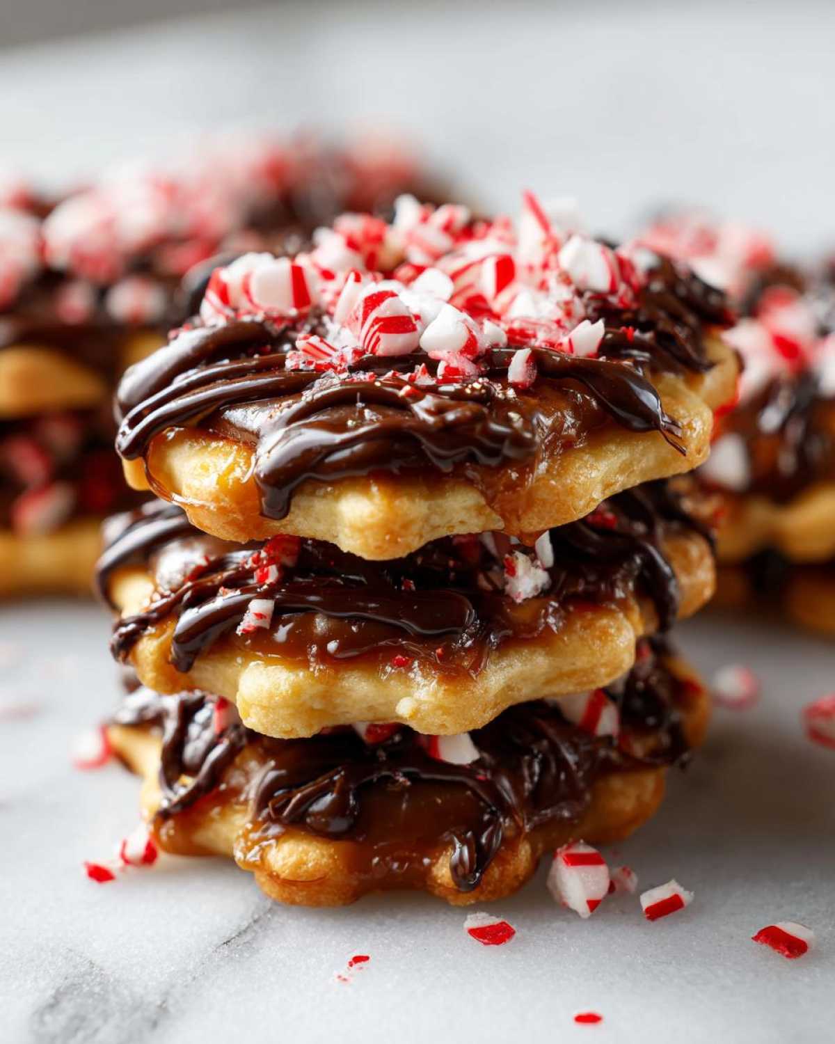 A stack of three star-shaped caramel ritz cracker christmas cookies, drizzled with chocolate and topped with crushed peppermint.