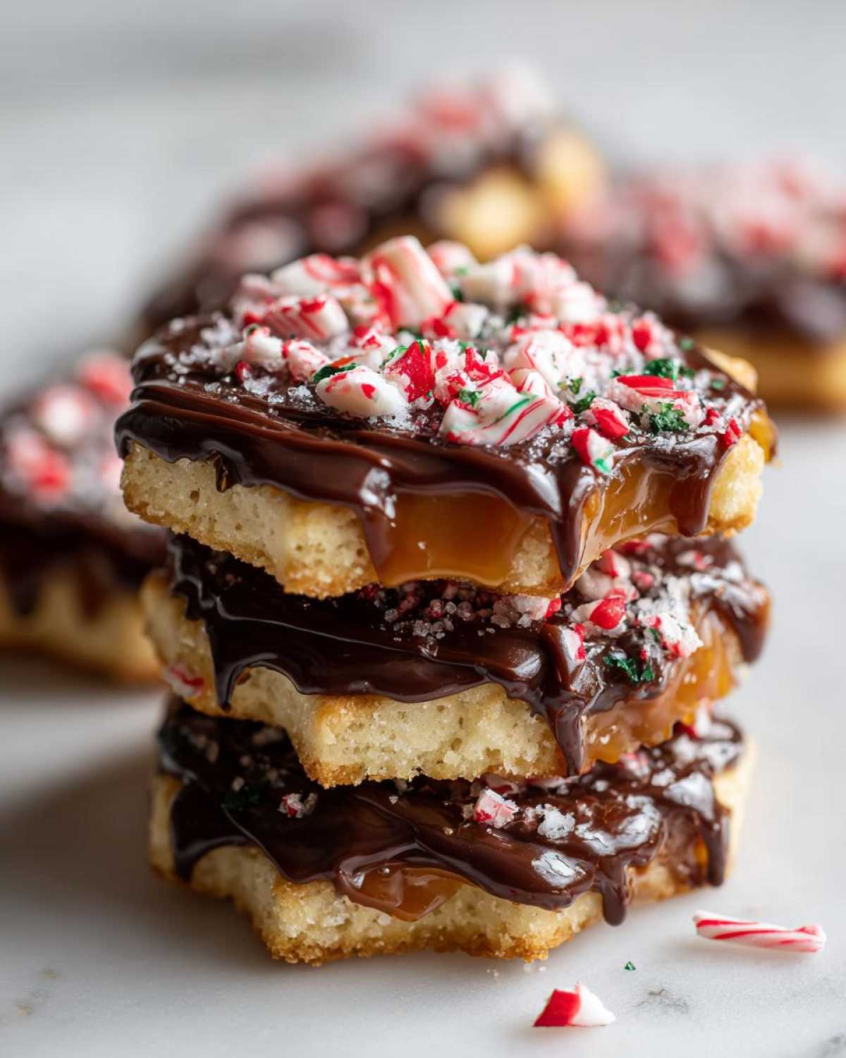 A stack of three star-shaped caramel ritz cracker christmas cookies, drizzled with chocolate and topped with crushed peppermint.