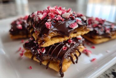 Two caramel ritz cracker christmas cookies stacked, drizzled with chocolate and topped with crushed peppermint.