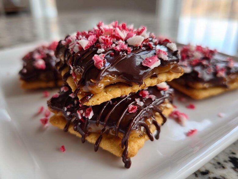 Two caramel ritz cracker christmas cookies stacked, drizzled with chocolate and topped with crushed peppermint.