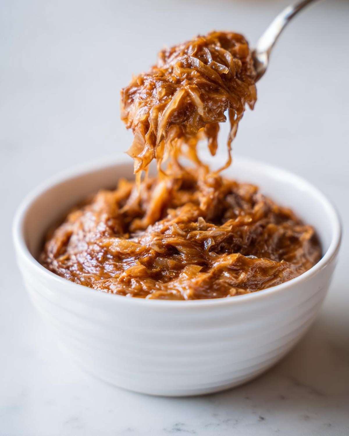 A spoonful of rich, brown caramelized onion dip mixture being lifted from a white bowl.