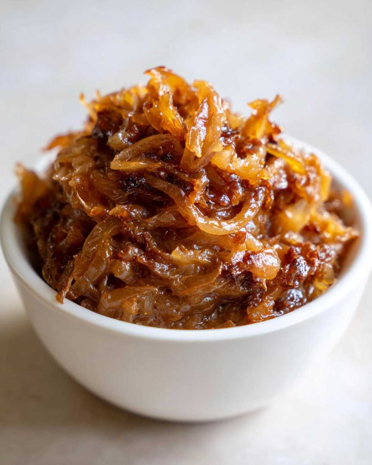 Close-up of deeply caramelized onion dip topping piled high in a small white bowl.