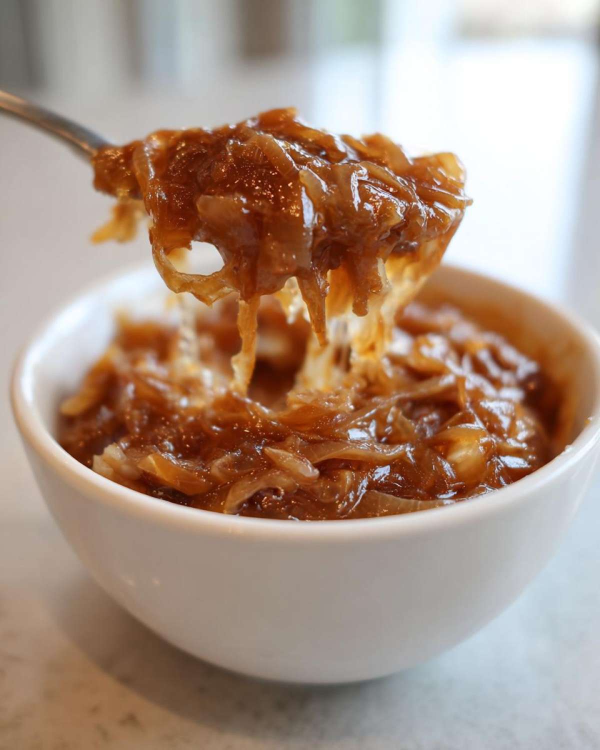 A spoonful of rich, brown caramelized onion dip being lifted from a white bowl.
