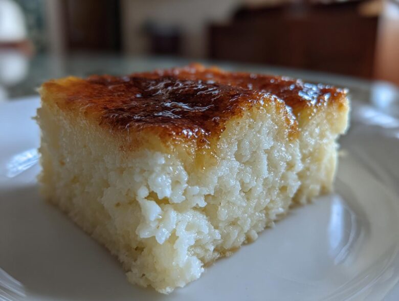 A close-up, side view of a square slice of moist cassava cake with a rich, caramelized brown topping.