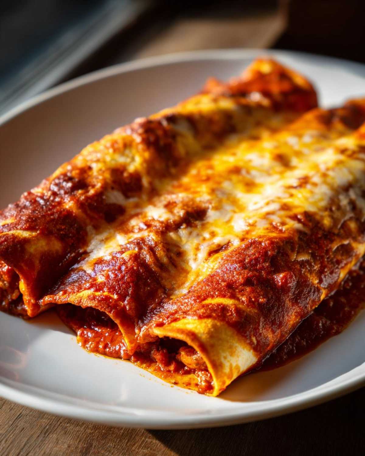Close-up of two baked cheese enchiladas covered in rich red sauce and melted, bubbly cheese.