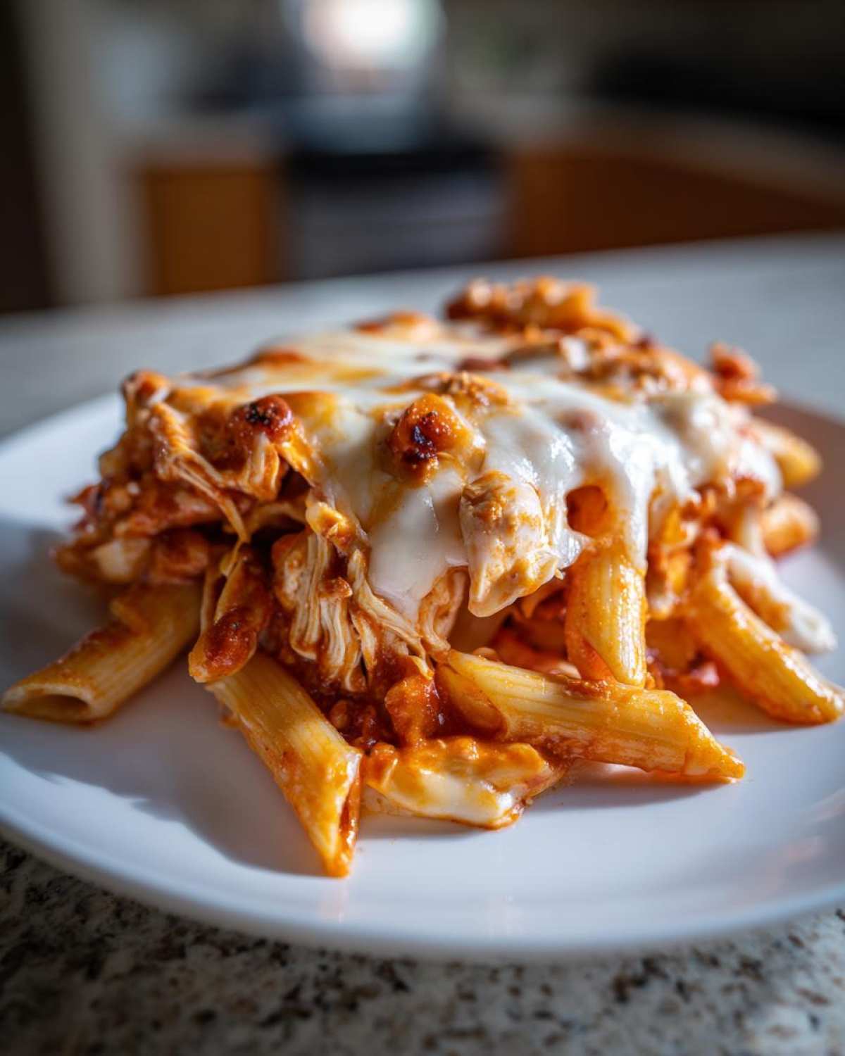 A close-up of a serving of cheesy 1-Pot enchilada pasta with penne noodles and shredded chicken on a white plate.