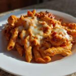 Close-up of a serving of cheesy enchilada pasta with penne noodles and melted white cheese.