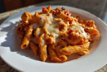 Close-up of a serving of cheesy enchilada pasta with penne noodles and melted white cheese.