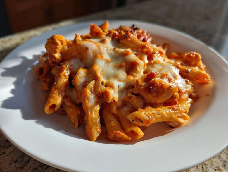 Close-up of a serving of cheesy enchilada pasta with penne noodles and melted white cheese.