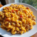 A close-up, appetizing shot of creamy, cheesy taco pasta mixed with ground meat and diced tomatoes served on a white plate.