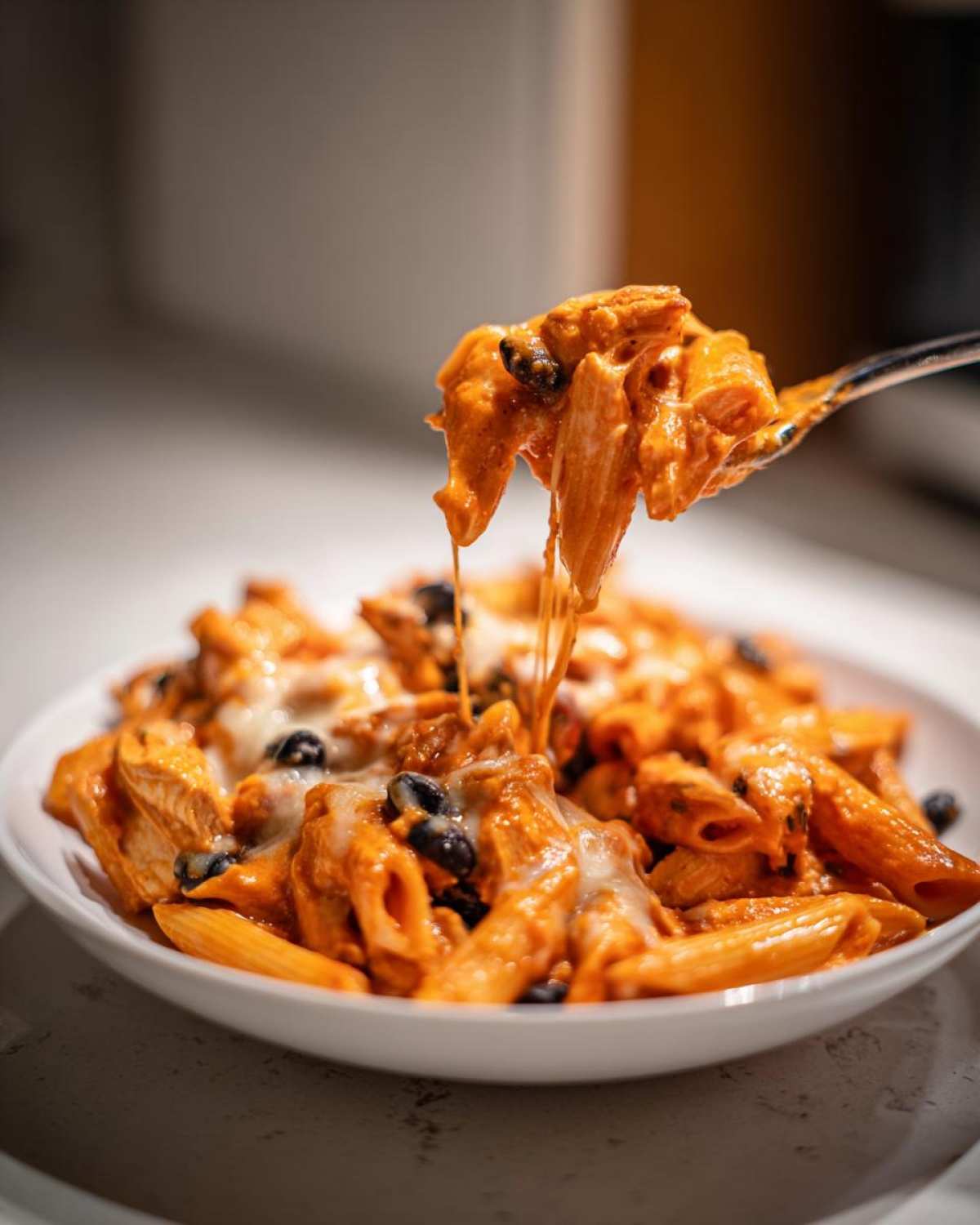 A fork lifting a cheesy, saucy bite of enchilada pasta with black beans from a white bowl.
