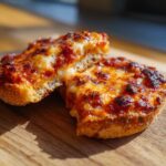 Two halves of a bubbling, cheesy English muffin pizza resting on a wooden cutting board.