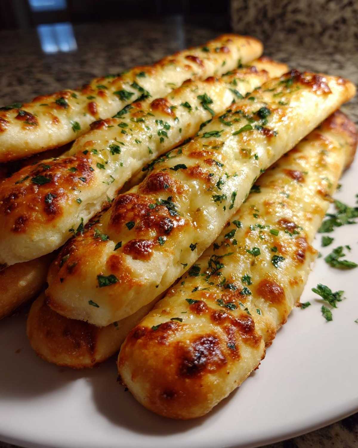 A close-up of several golden-brown, cheesy breadsticks topped with melted cheese and fresh chopped parsley.