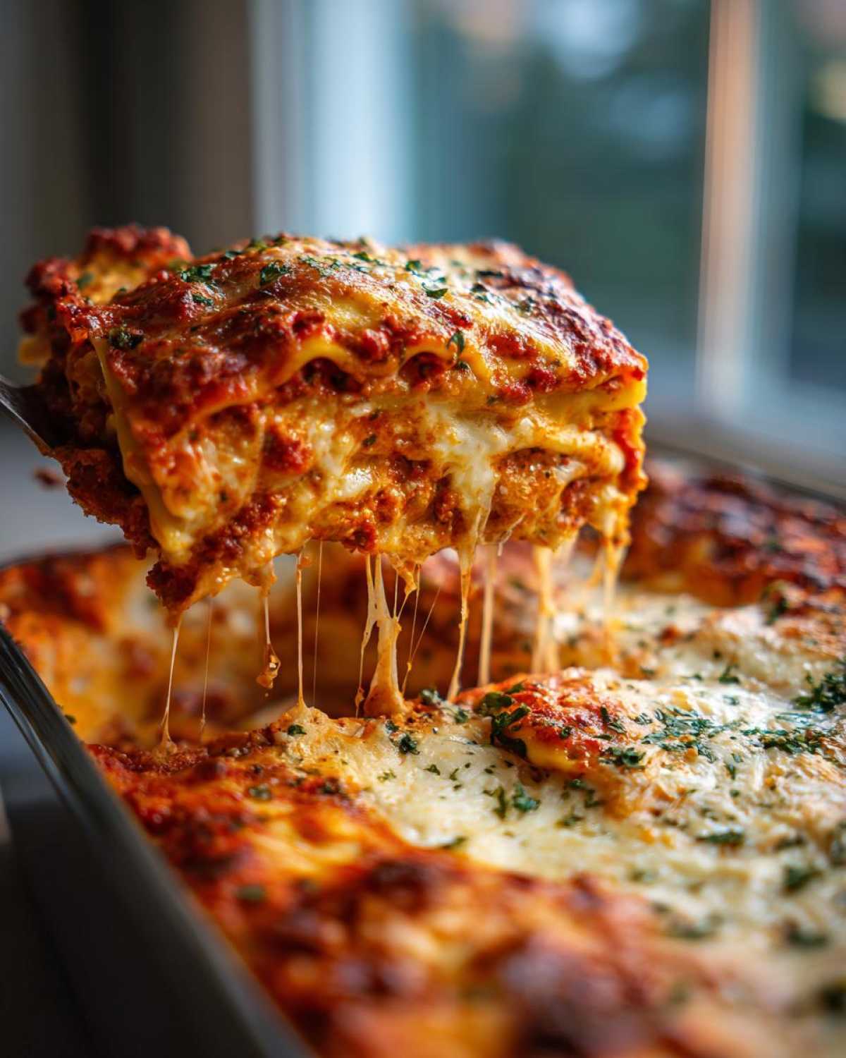 A mouthwatering slice of lazy lasagna being lifted from the pan, showing long, dramatic cheese pulls.