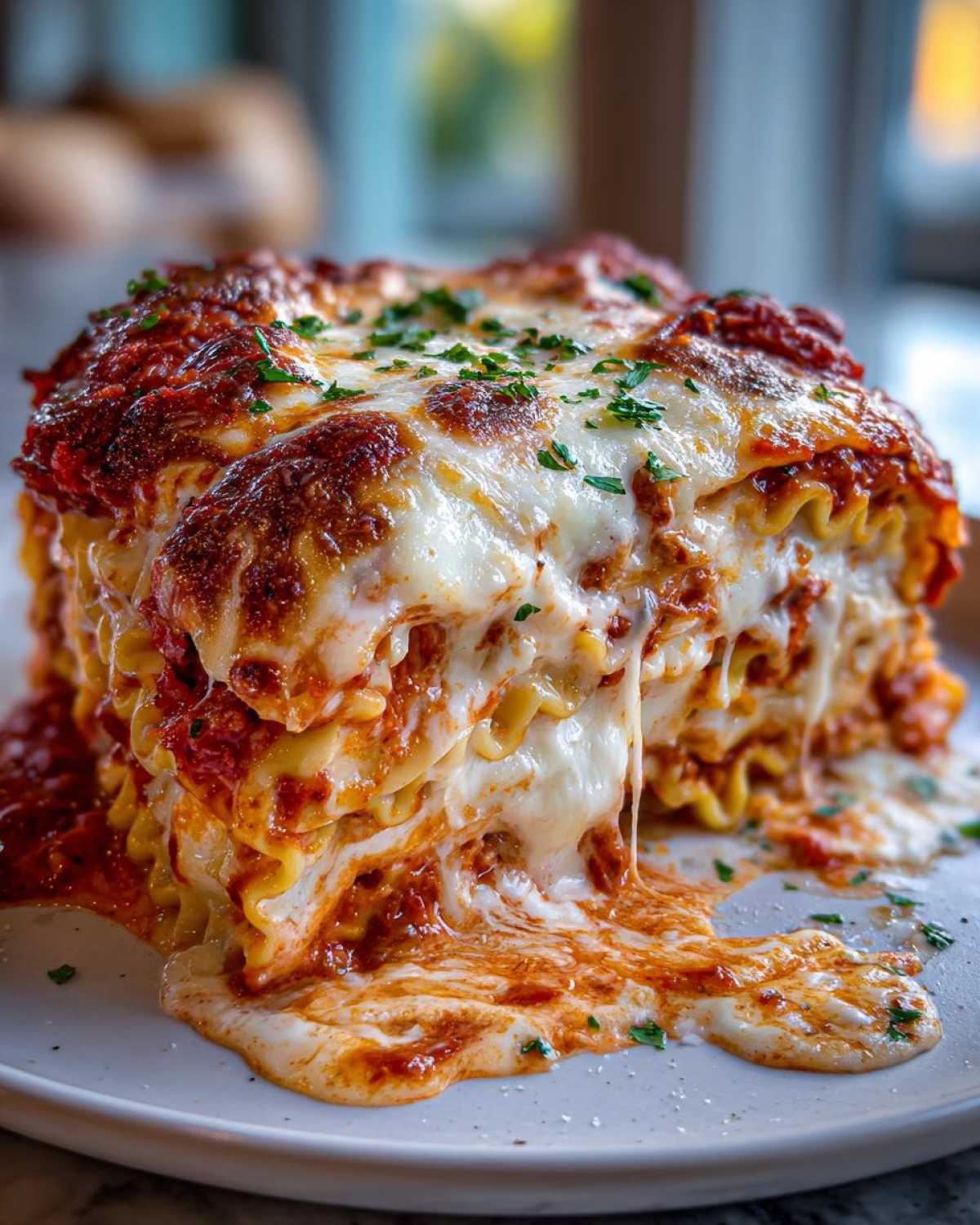 A tall, cheesy slice of lazy lasagna overflowing with melted mozzarella and rich tomato sauce on a white plate.