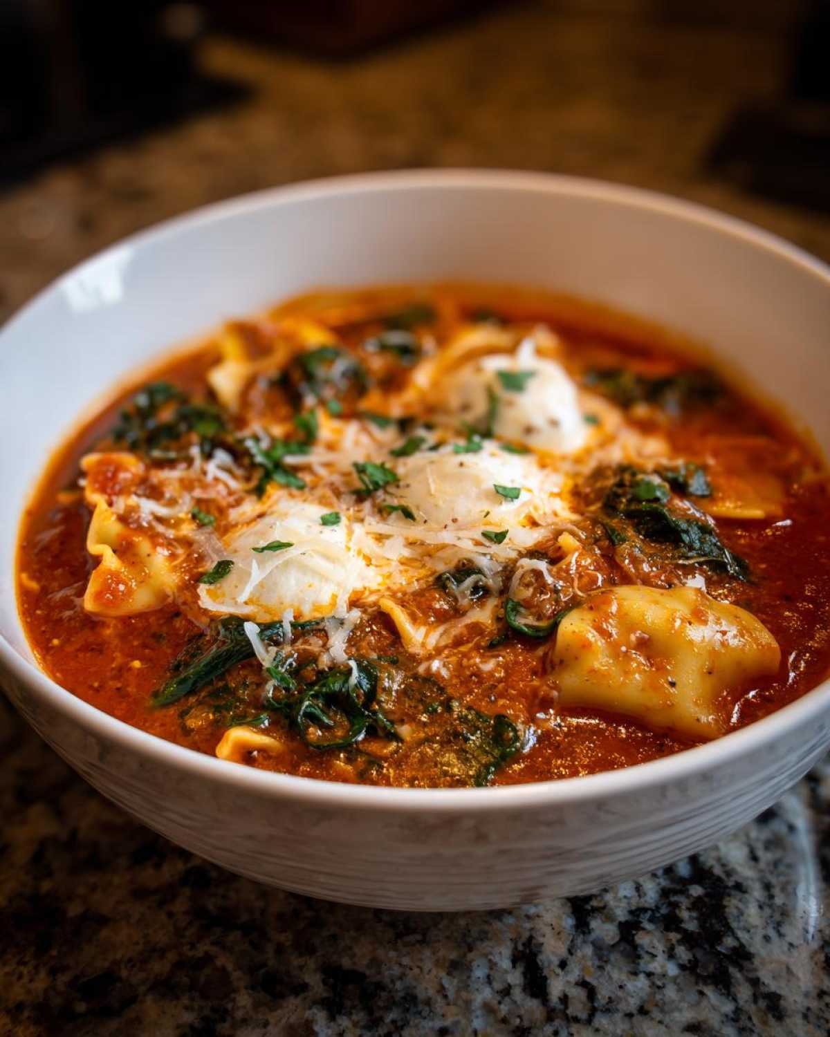 A close-up of a hearty bowl of one pot lasagna soup, featuring ravioli, spinach, and dollops of ricotta cheese.