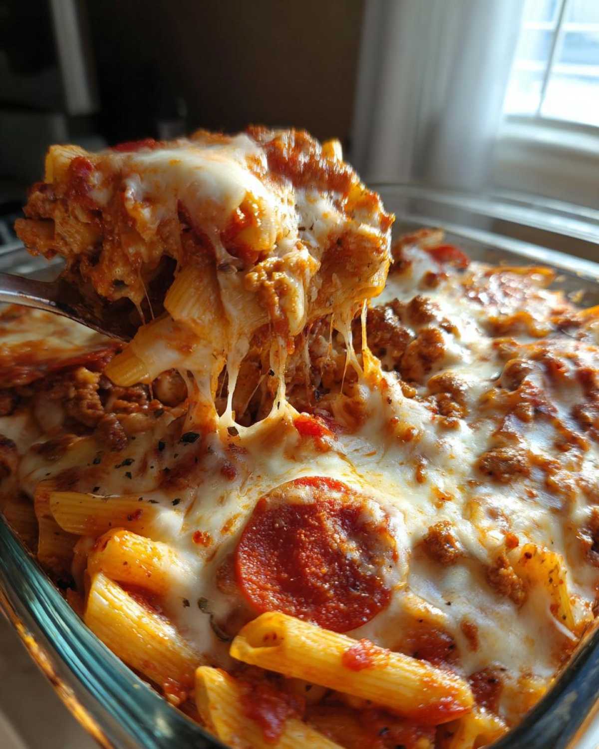 A spoonful of cheesy pizza pasta casserole is lifted, showing long cheese pulls over the baked penne pasta, meat sauce, and pepperoni.