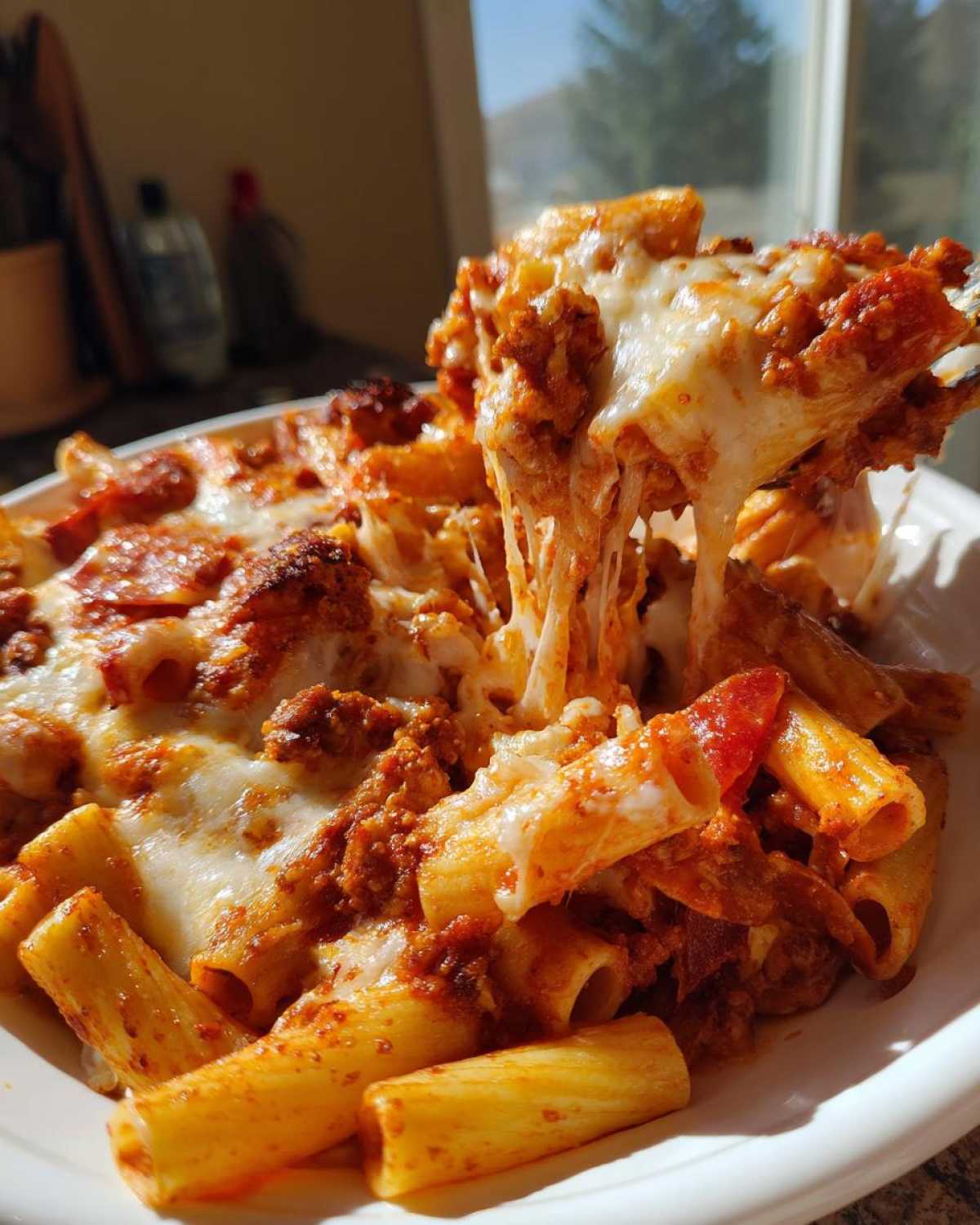 A fork lifts a cheesy, saucy portion of pizza pasta, showing long cheese pulls over baked rigatoni.