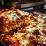 A slice of rich, cheesy lazy lasagna is lifted from the pan, showing long cheese pulls.