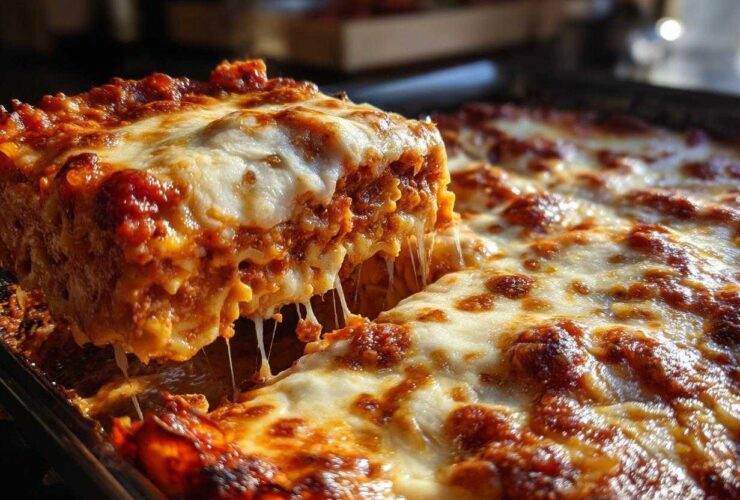 A slice of rich, cheesy lazy lasagna is lifted from the pan, showing long cheese pulls.