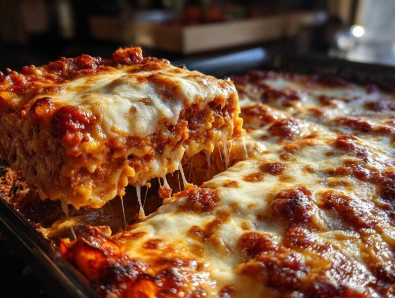 A slice of rich, cheesy lazy lasagna is lifted from the pan, showing long cheese pulls.