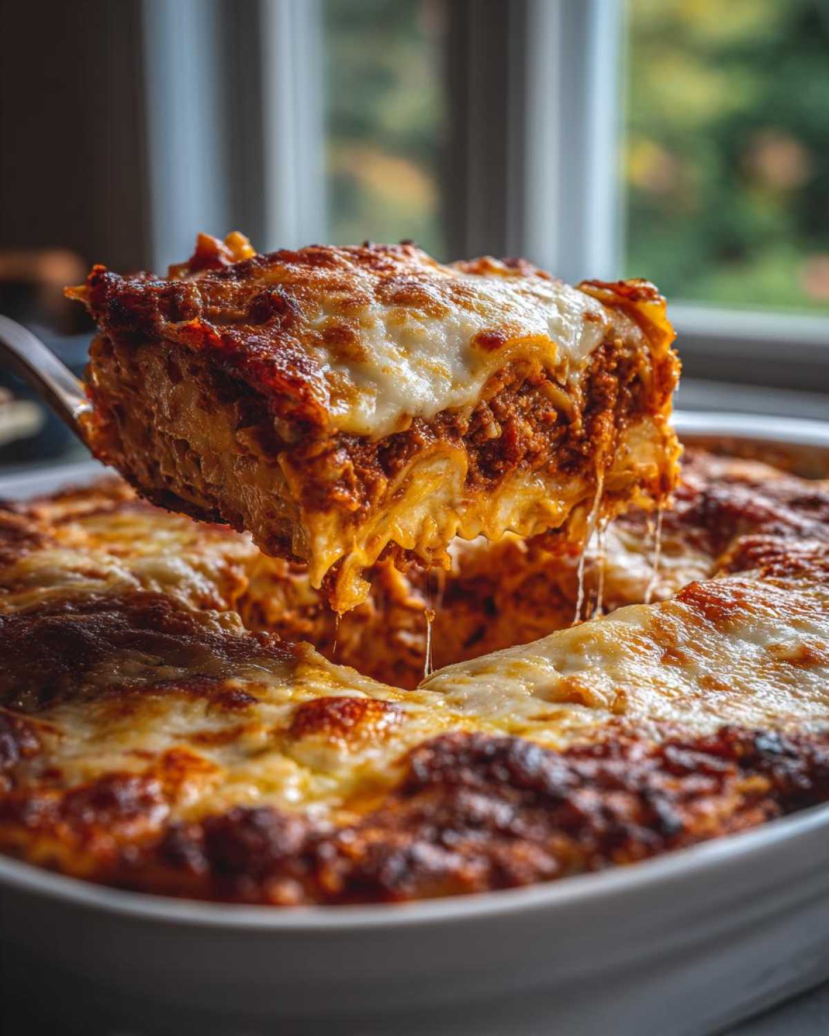 A serving spoon lifts a cheesy, saucy slice of lazy lasagna out of a white baking dish.