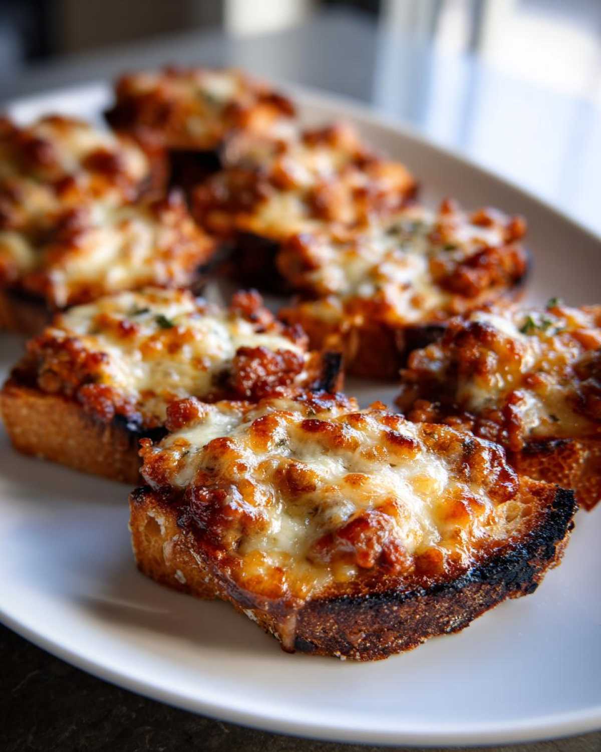 Close-up of cheesy, savory toppings on toasted bread slices, part of the hanky panky recipe.