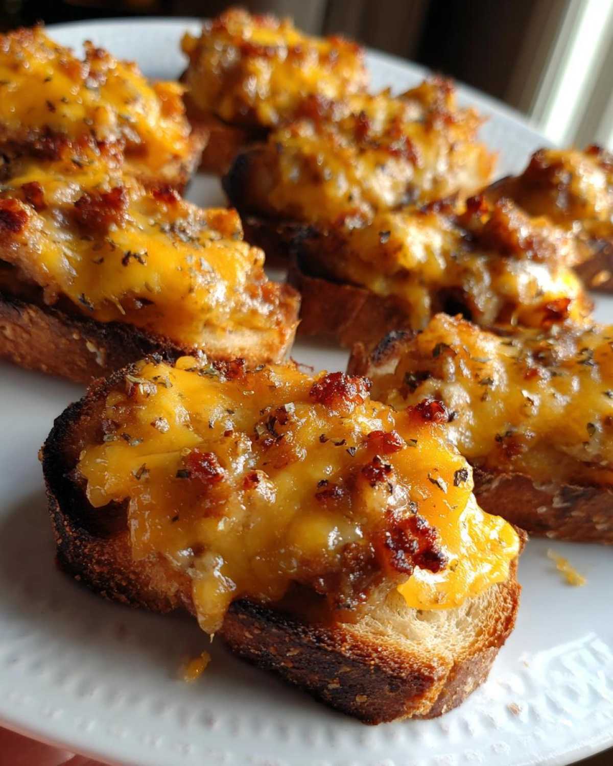 Close-up of cheesy, baked toasts topped with savory bits, ready to serve as a hanky panky recipe appetizer.