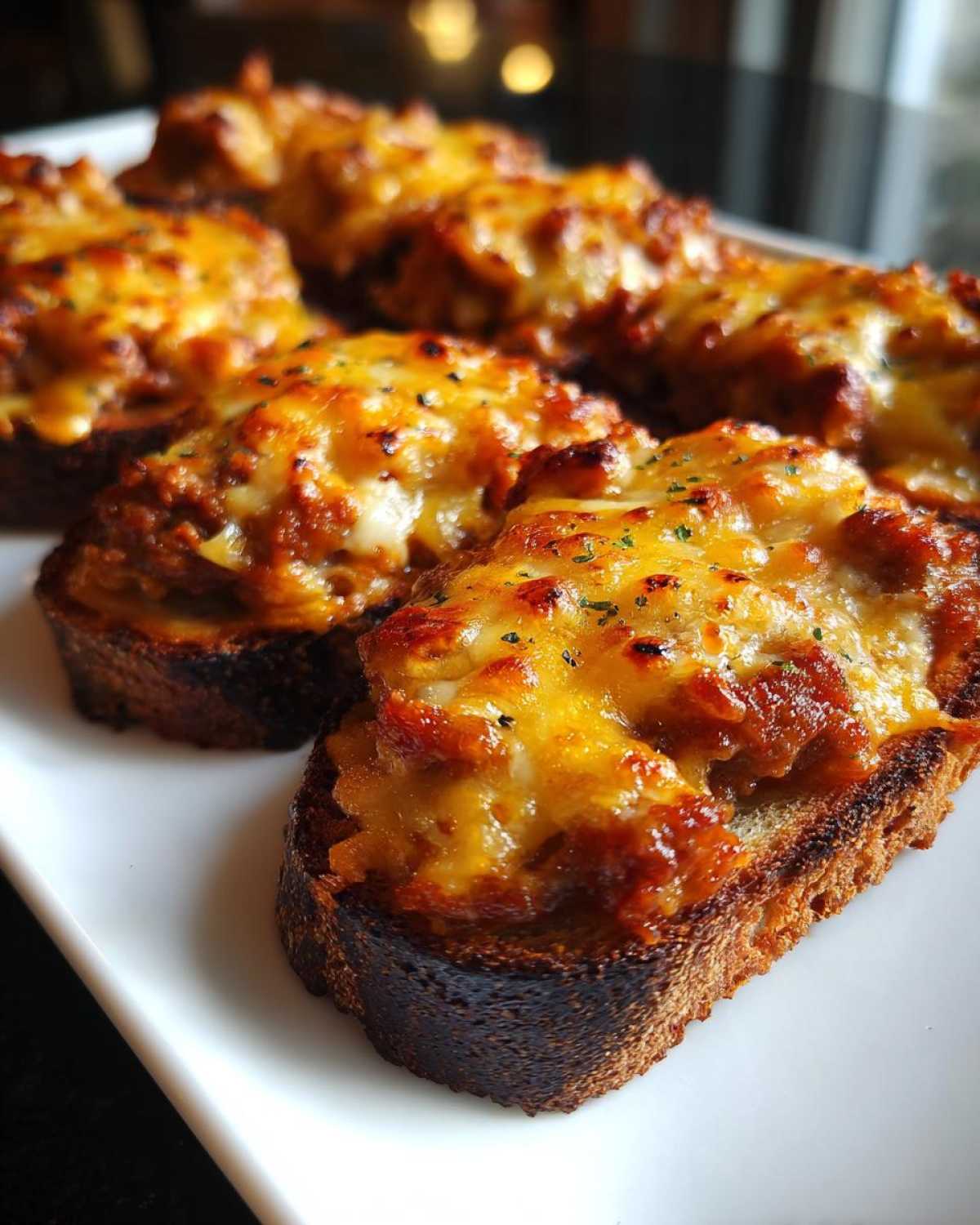 Close-up of cheesy, baked hanky panky recipe served on toasted bread slices.
