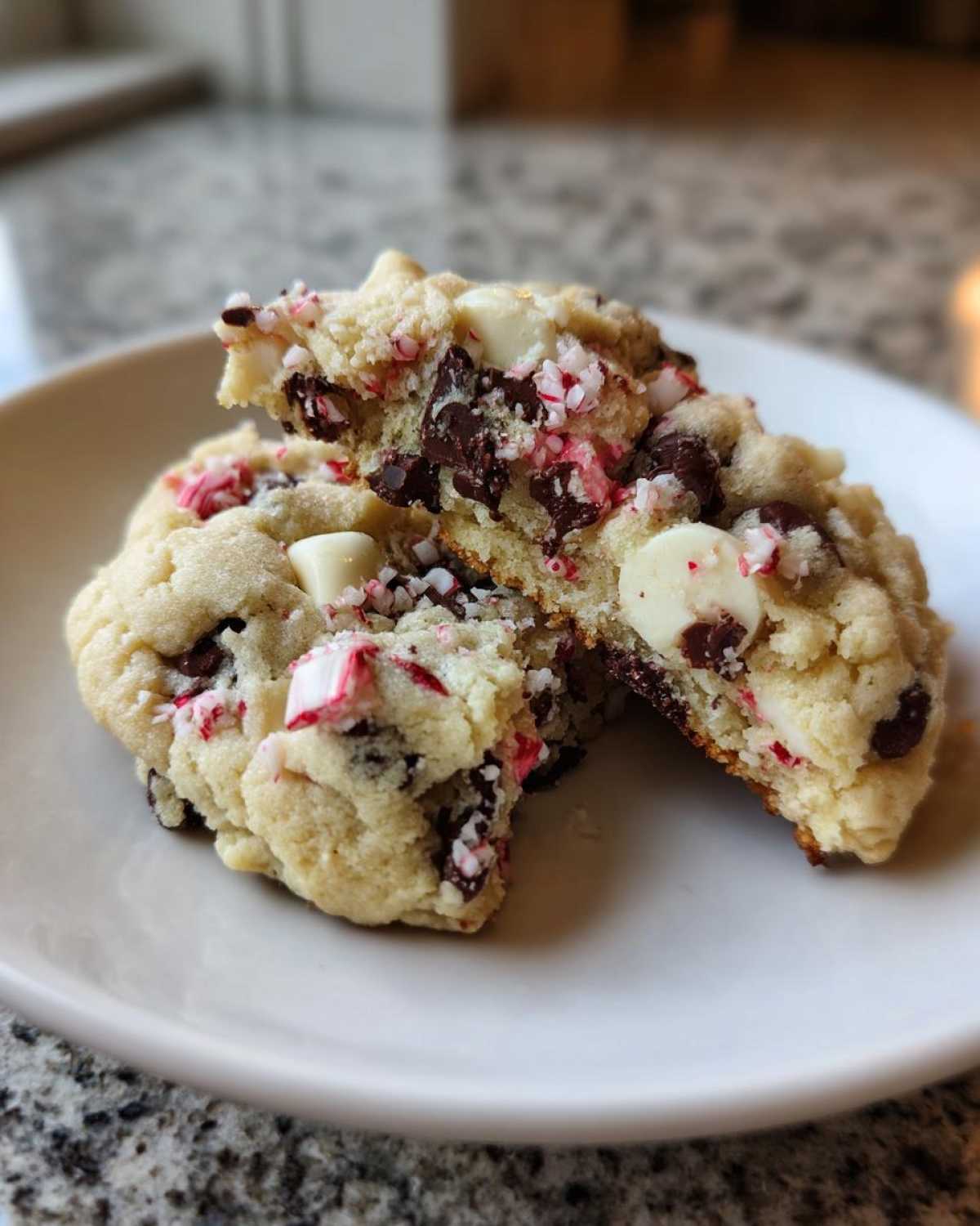 A chewy peppermint chocolate chip cookie broken in half, showing melted chocolate and crushed candy cane pieces inside.