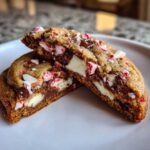 A chewy peppermint chocolate chip cookie cut in half showing melted chocolate and crushed candy canes inside.