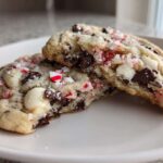 Close-up of chewy peppermint chocolate chip cookies broken in half, showing melted chips and crushed candy canes.