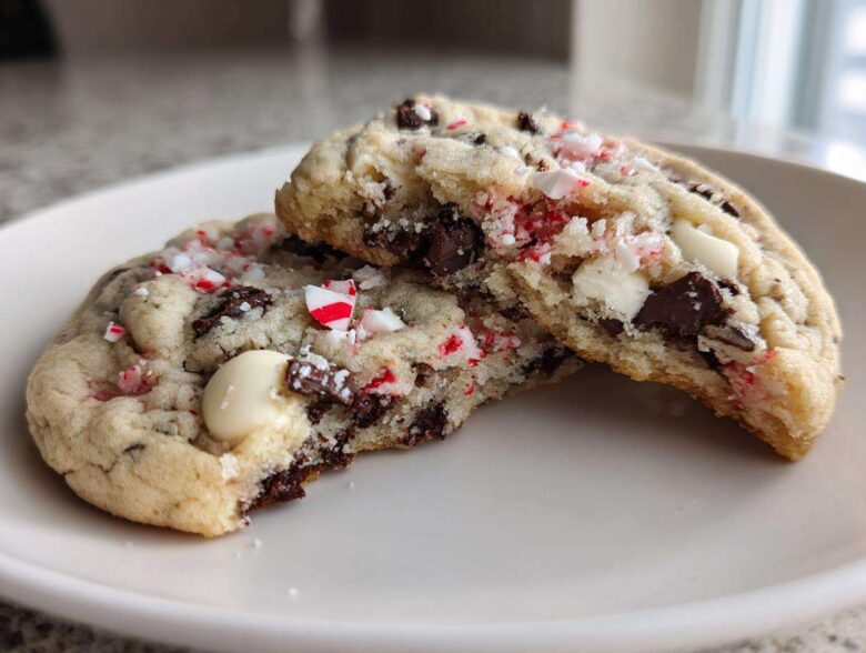 Close-up of chewy peppermint chocolate chip cookies broken in half, showing melted chips and crushed candy canes.