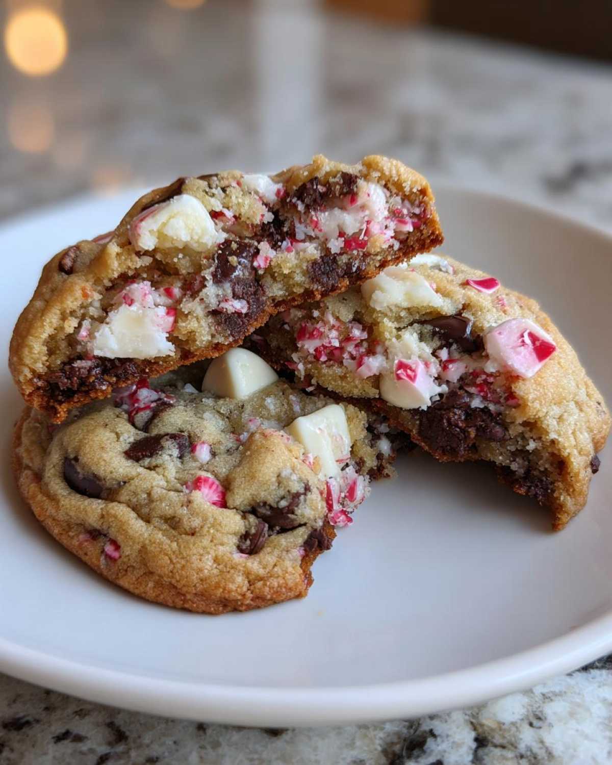 Close-up of chewy peppermint chocolate chip cookies broken in half showing melted chocolate and crushed peppermint pieces.