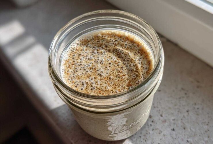 Overhead close-up of creamy chia seed pudding topped with visible chia seeds and cinnamon in a glass mason jar.