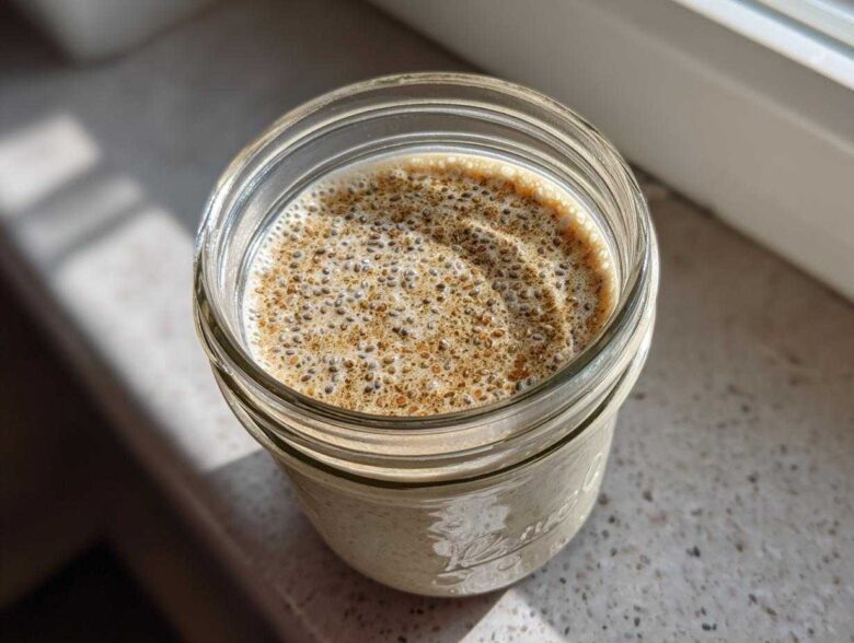 Overhead close-up of creamy chia seed pudding topped with visible chia seeds and cinnamon in a glass mason jar.