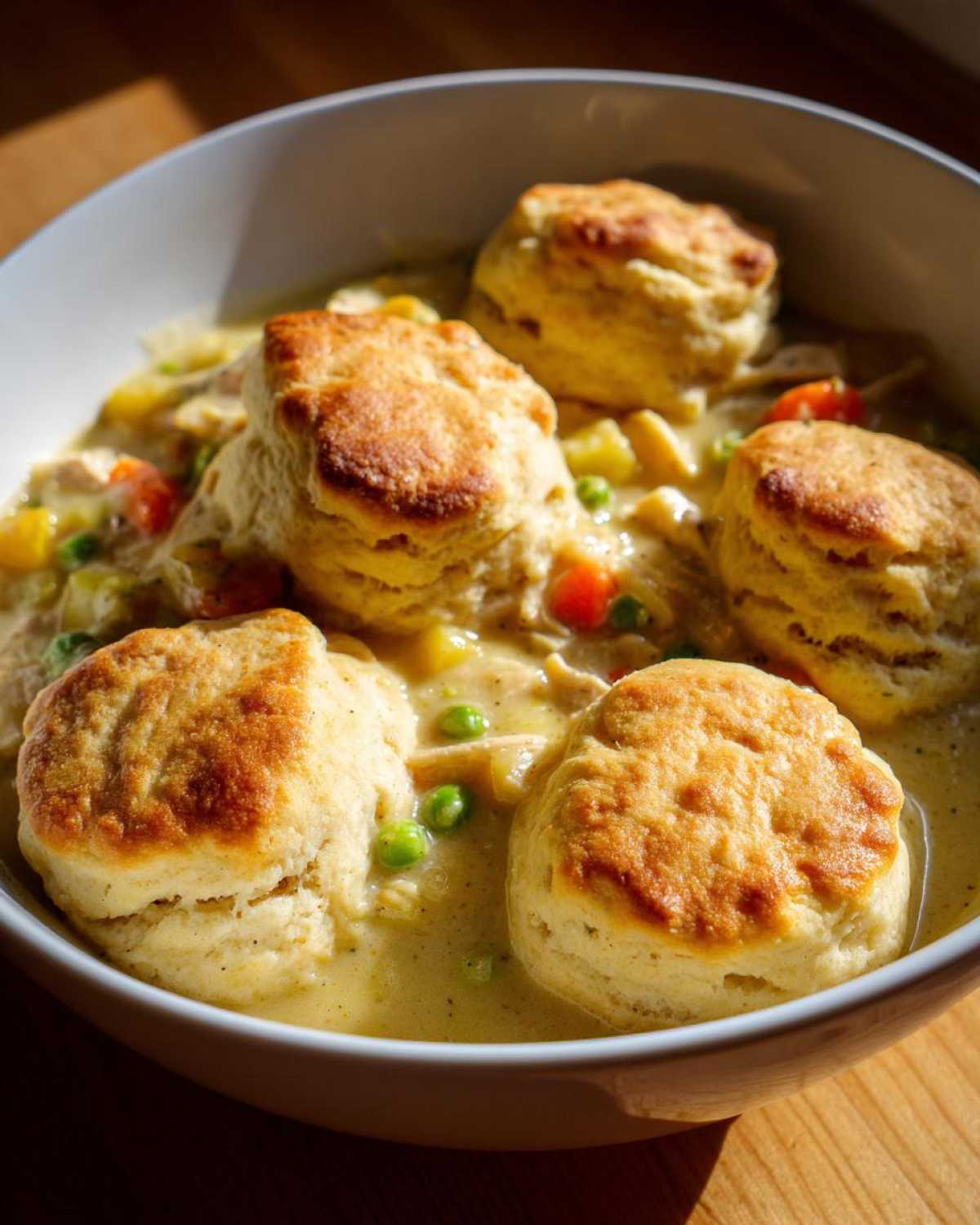 A close-up of a bowl filled with creamy chicken and dumplings with biscuits, featuring peas and carrots.