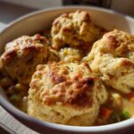 Close-up of four golden biscuits topping creamy chicken and dumplings with visible carrots and peas.