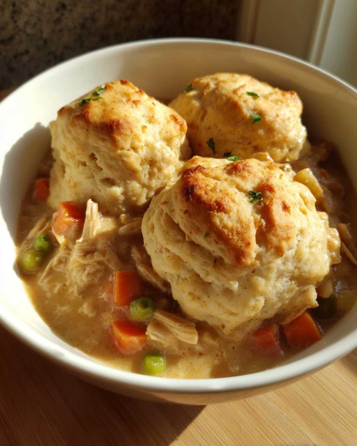 Three golden biscuits topping a creamy bowl of chicken and dumplings with carrots and peas.