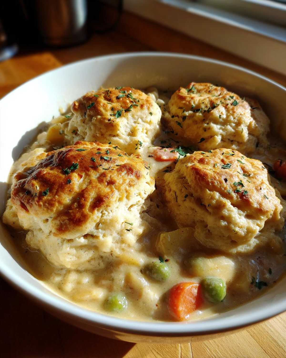 A close-up of chicken and dumplings with biscuits in a creamy sauce, garnished with parsley.