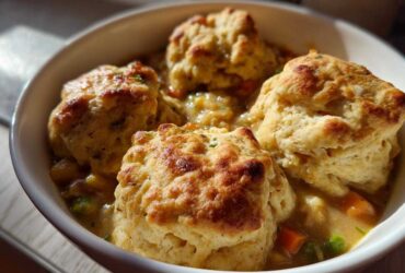 Close-up of four golden biscuits topping creamy chicken and dumplings with visible carrots and peas.