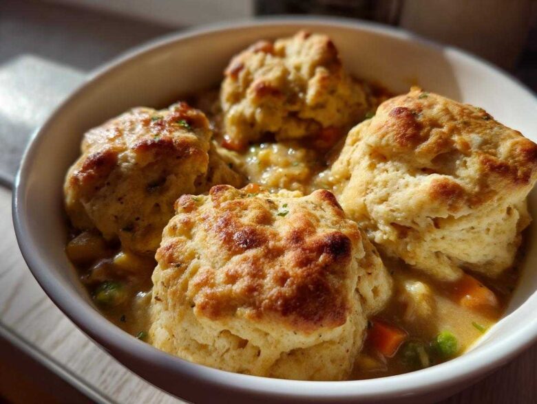 Close-up of four golden biscuits topping creamy chicken and dumplings with visible carrots and peas.