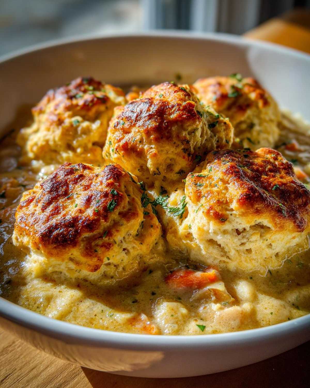 Close-up of golden-brown biscuits topping a rich stew in chicken and dumplings with biscuits.