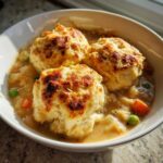 Close-up of three golden-brown biscuits topping a savory stew of chicken and dumplings with visible carrots and peas.