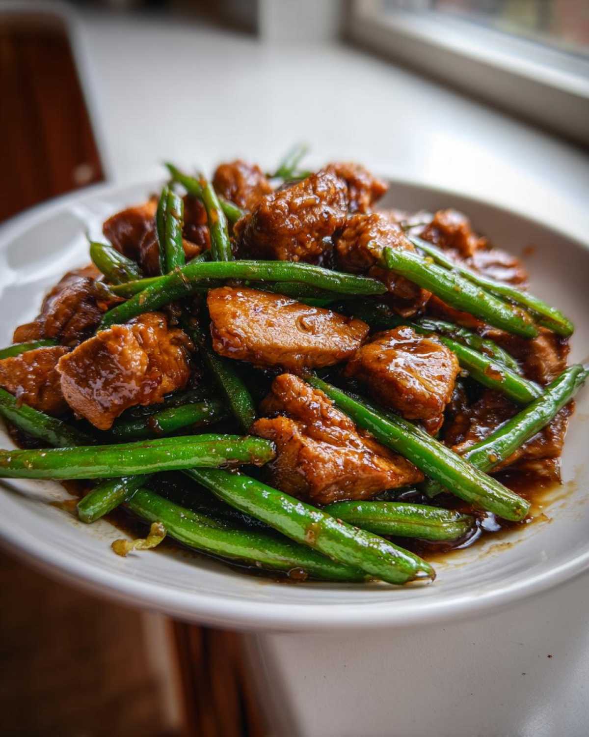Close-up of savory chicken and green beans coated in a rich brown sauce, a perfect chicken and green beans dish.