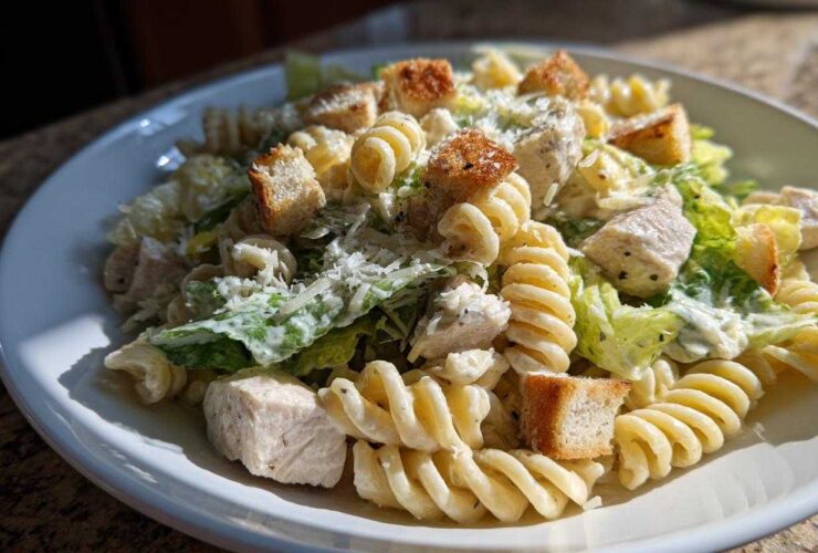 Close-up of a white plate filled with creamy chicken caesar pasta salad, featuring rotini pasta, chicken chunks, romaine lettuce, and croutons.