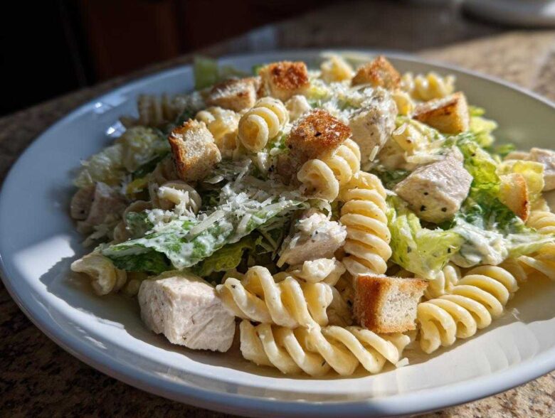 Close-up of a white plate filled with creamy chicken caesar pasta salad, featuring rotini pasta, chicken chunks, romaine lettuce, and croutons.