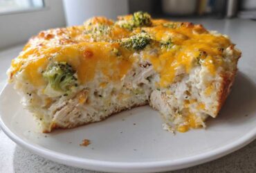 A thick slice of creamy chicken cauliflower rice casserole topped with melted cheddar cheese and broccoli florets.