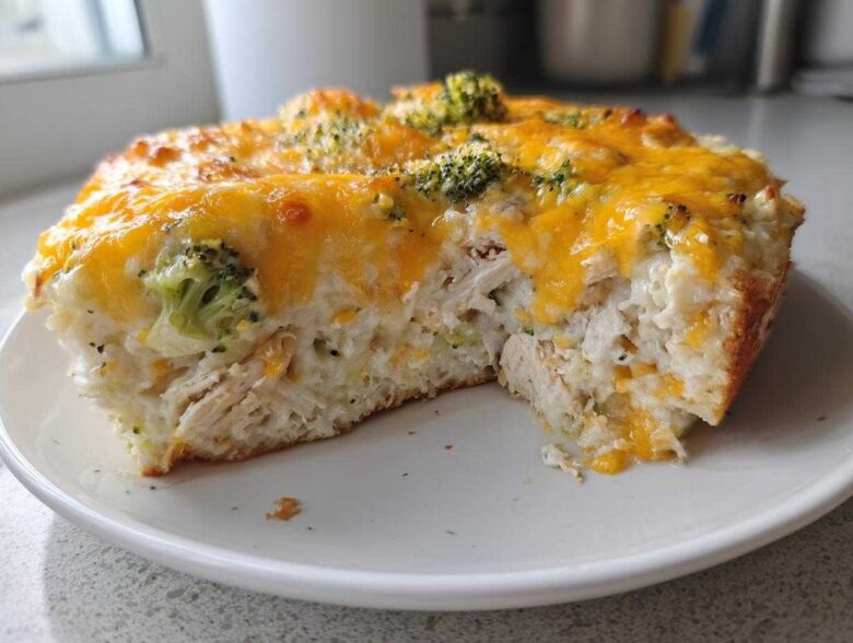 A thick slice of creamy chicken cauliflower rice casserole topped with melted cheddar cheese and broccoli florets.
