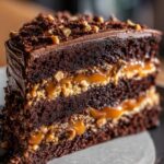 Close-up of a decadent slice of chocolate caramel toffee crunch cake showing three dark chocolate layers and rich caramel filling.
